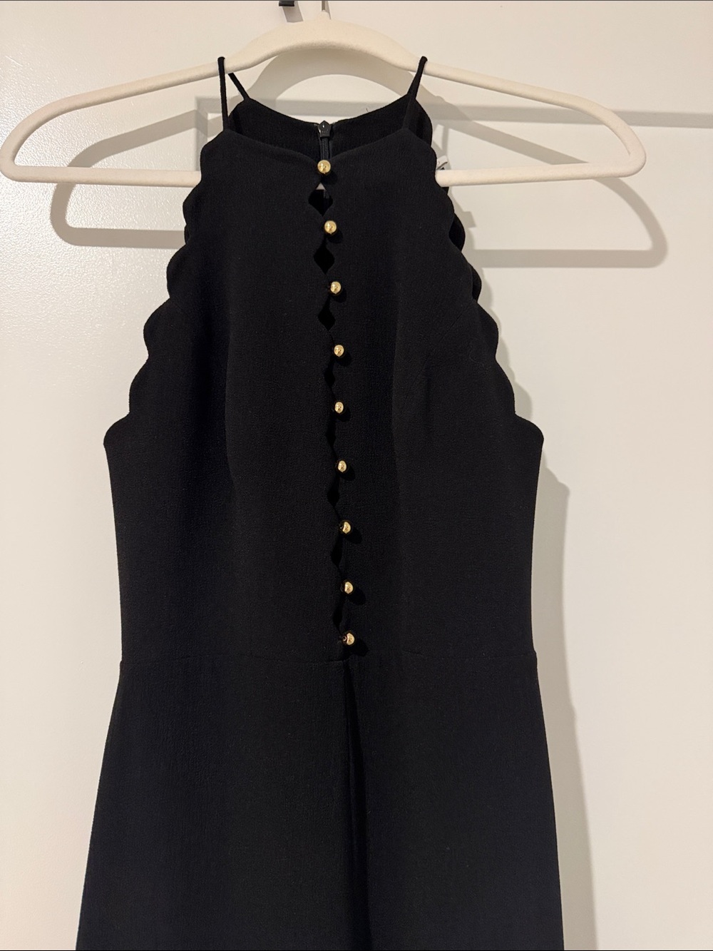 Zimmermann Black Scalloped Halter Jumpsuit with Gold Buttons